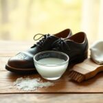 A pair of polished black dress shoes sit on a wooden surface next to a small bowl of soapy water, a brush, and a cloth, with salt scattered nearby.