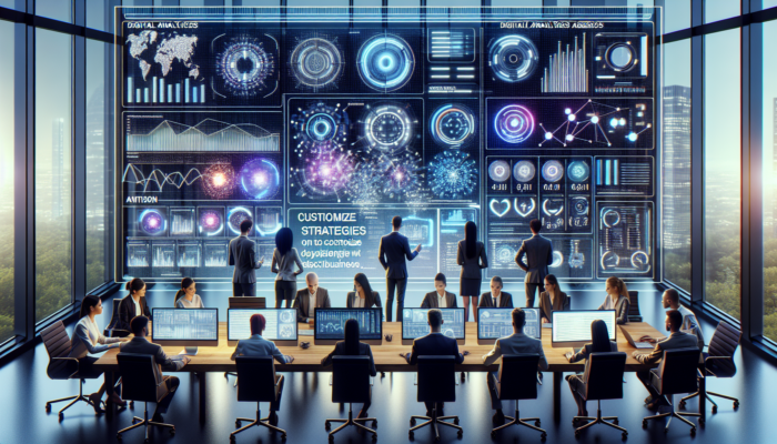 A team at a digital analytics agency collaborates on a futuristic dashboard in a modern office.