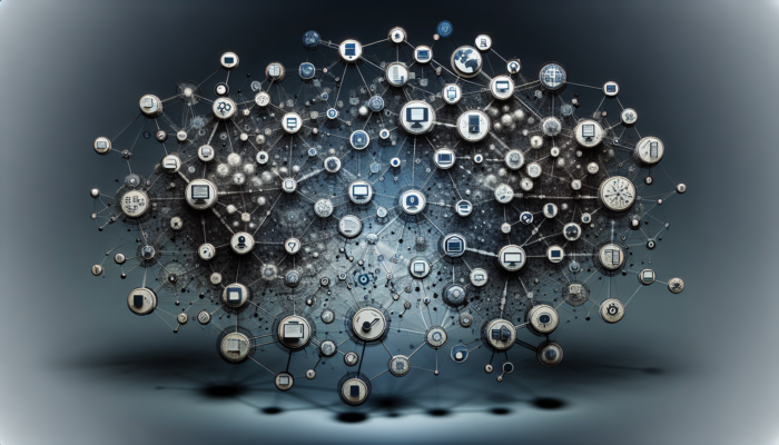 A shadowy network of digital nodes representing Google Sites, Drive, and Docs, illustrating Google stacking risks.