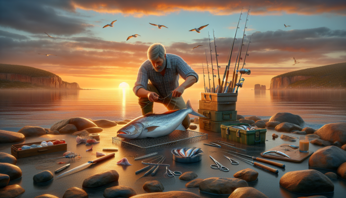 An Australian fisherman skillfully scales a large fish using advanced techniques during sunset on a picturesque coast.