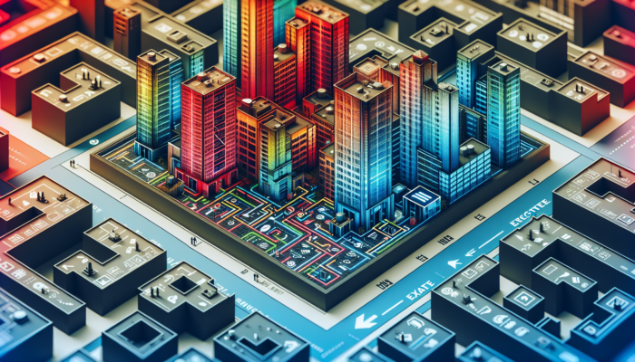 Urban fire escape plan with cityscape, showing routes from high-rises, vibrant emergency equipment.