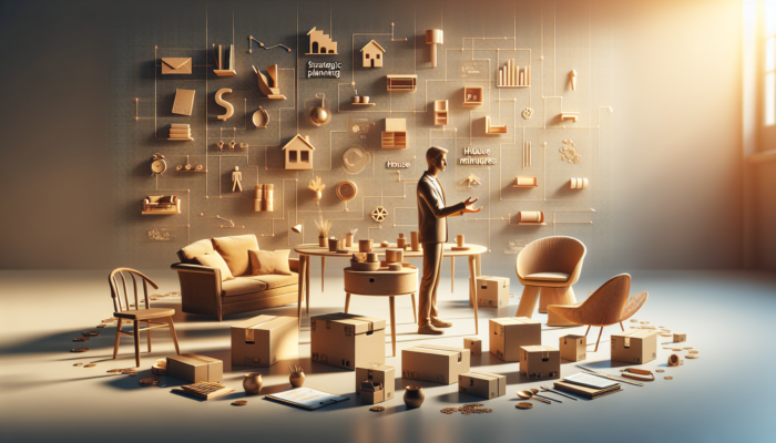 A person calculating costs for house clearance, surrounded by furniture and boxes, in a warm, organized room.