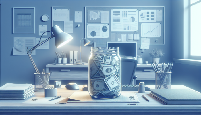 A jar labeled "Contingency Fund" filled with cash on an office desk, symbolizing financial preparedness.