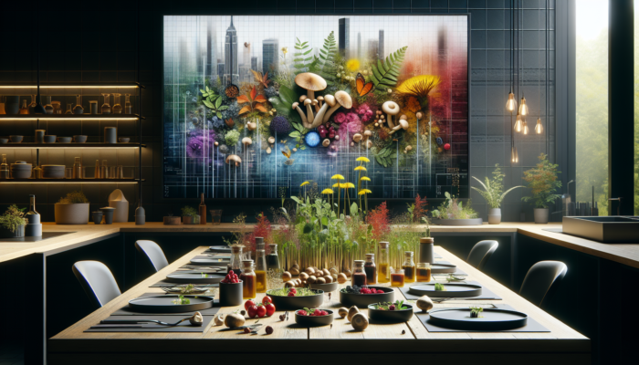 A gourmet table with urban foraged ingredients transformed into elegant dishes, celebrating city-inspired cuisine.