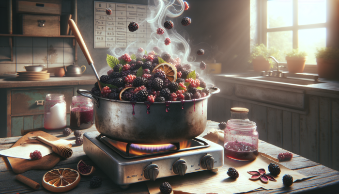 A saucepan simmering foraged blackberries, mulberries, sugar, lemon juice, and dried hibiscus flowers into jam.