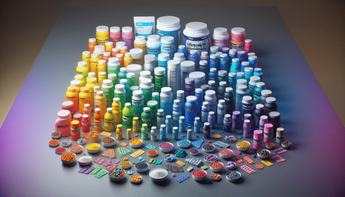 A vibrant selection of electrolyte supplements in powders, tablets, and drinks on a table.