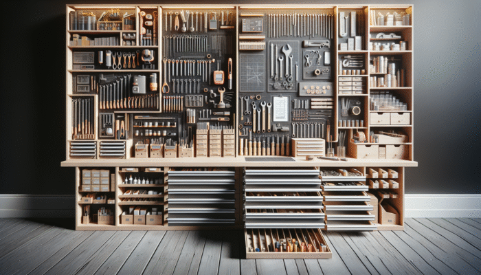 A well-organized workshop with neatly sorted tools on labelled shelves and drawers.