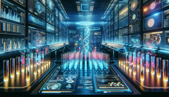 A futuristic lab with glowing test tubes and digital screens displaying protein absorption data.