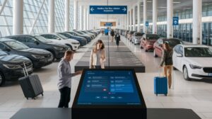 In a bright car rental facility, travellers with suitcases enhance their booking experience at a large touchscreen kiosk. Rows of parked cars line both sides, overhead signs provide directions in multiple languages, and natural light floods the space.