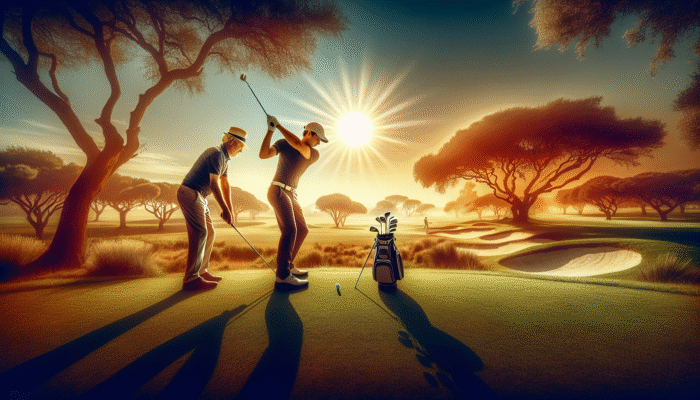 A South African golf pro coaching a player on swing adaptability on a vibrant course under the African sun.