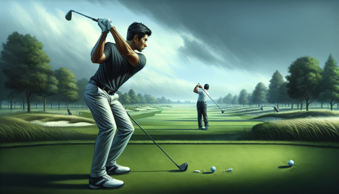 Golfer observing a professional adapting their swing at a local tournament under challenging weather.