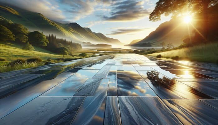 A picturesque Inverclyde landscape featuring a luxurious, waterproofed stone floor reflecting vibrant surroundings, showcasing durability and protection.