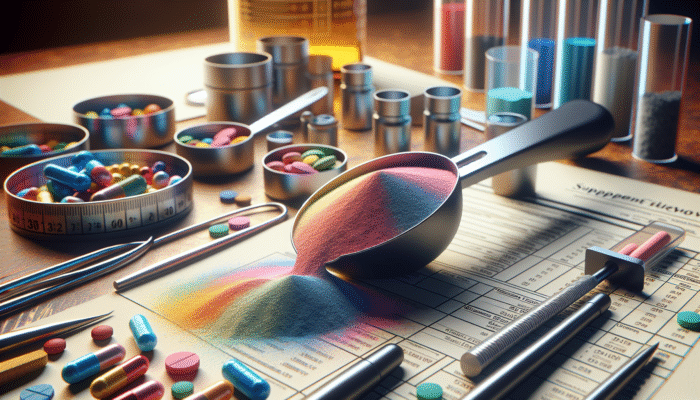 A close-up of a precise supplement scoop with colourful powder, surrounded by measuring tools, emphasising accuracy in supplementation.