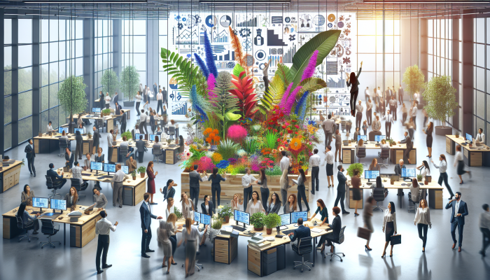 Diverse employees collaborating in a vibrant, plant-filled office, symbolising positive workplace relationships.