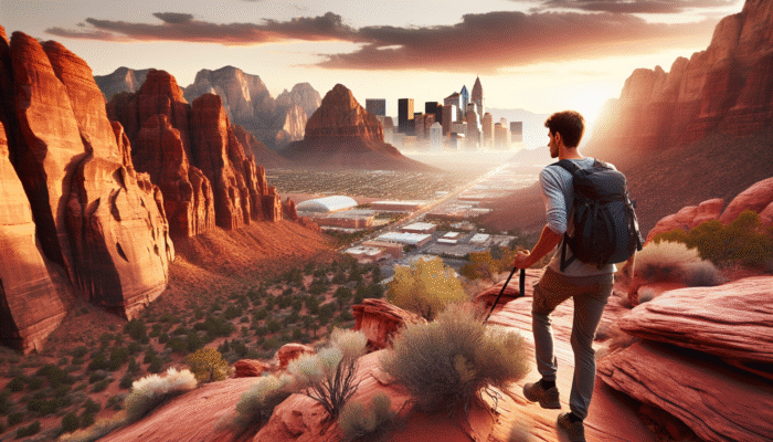 A solo hiker exploring the stunning red rock desert near Las Vegas, experiencing tranquillity and adventure.