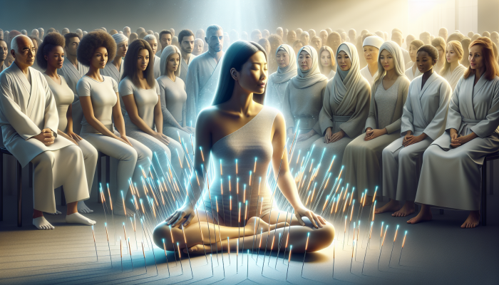 A calm Asian woman receiving acupuncture, with glowing needles, surrounded by a diverse audience.