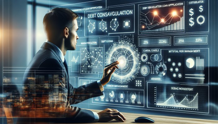 Understanding Debt Consolidation Loan Origination Fees: | DCL UK lender assessing debt consolidation loan risk in a modern office with financial charts and economic trends displayed on screen.