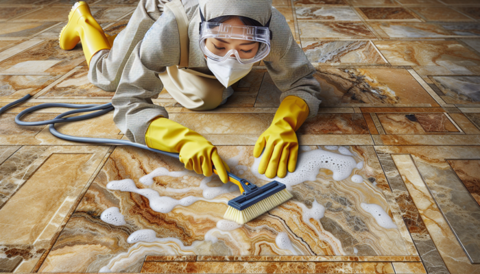 A close-up of well-maintained travertine tiles with a person using cleaning tools, highlighting the significance of regular care.