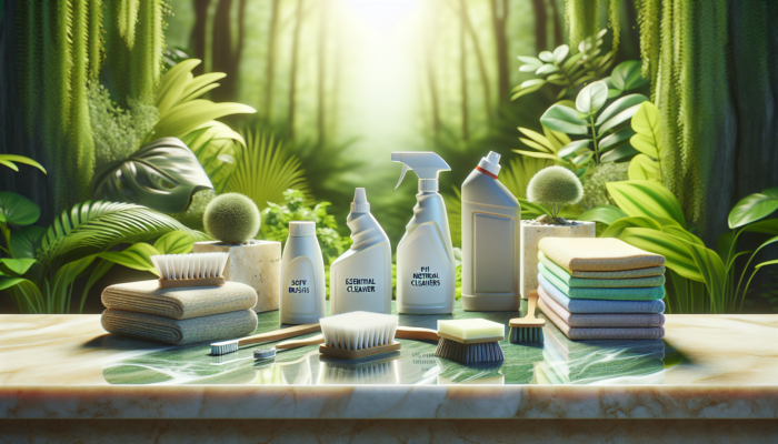 Crucial travertine cleaning products showcased on a sparkling surface with lush greenery backdrop.