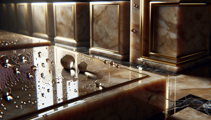 Glossy travertine tiles with water droplets in a dimly lit, elegant bathroom, highlighting sealant protection.
