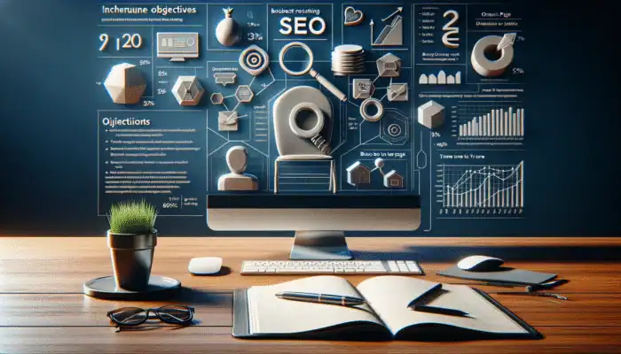 An organised workspace featuring a computer displaying SEO analytics, a notepad with objectives, and user engagement graphs.