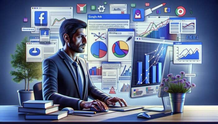 Digital marketer setting up an A/B test on a computer, focused on Google Ads and Facebook Ads interfaces with performance graphs.