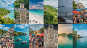 A collage of 12 images portraying beaches, ancient stone ruins, vibrant green landscapes, ocean vistas, crowded festivals with market stalls, boats on the water, and people relaxing on sandy shores under blue and cloudy skies—ideal for a Belize travel guide.