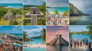 A collage featuring eight images of ancient Mayan ruins, busy beaches, crystal-clear turquoise waters, a vibrant marketplace with colourful umbrellas, tourists enjoying the sights, and tropical vistas under Belize's sunny and partly cloudy skies.