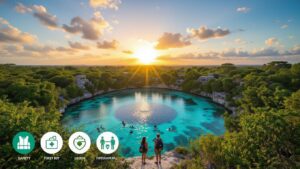 Two individuals stand at the edge of a lush, green lagoon with clear blue water at sunset. Swimmers enjoy the scene, while small buildings dot the trees. Four Belize safety icons are displayed in the bottom left corner.