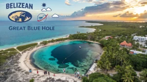 Aerial view of the Great Blue Hole near the coast with people near the water, surrounded by greenery. Text on image reads "BELIZEAN GREAT BLUE HOLE" with illustrated map, sun, clouds, an airplane—ideal for your Belize travel adventures.