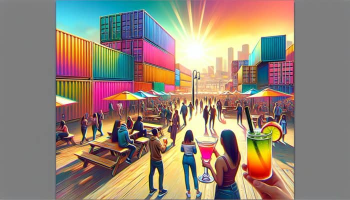 Enjoy a variety of drinks at Downtown Container Park in a lively, sunlit atmosphere.