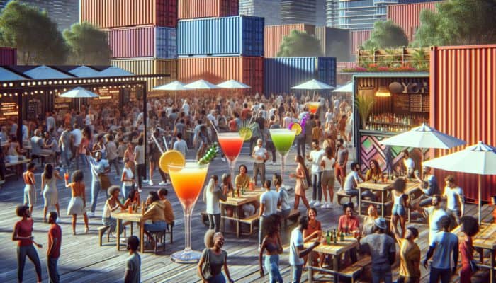 Diverse groups enjoying colorful mocktails at vibrant outdoor bars in Downtown Container Park.