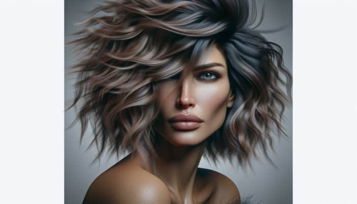 A woman over 50 showcasing choppy, textured hair layers that highlight volume and modern style.