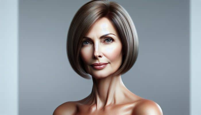 A sophisticated woman over 50 with a straight, jawline-length classic bob that elegantly frames her face.