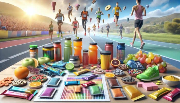 A variety of colourful running supplements including gels, tablets, and powders on a table with a marathon route backdrop.