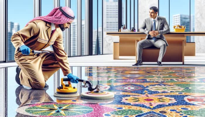 A skilled worker polishing a vibrant terrazzo floor, highlighting its colourful patterns and smooth texture.