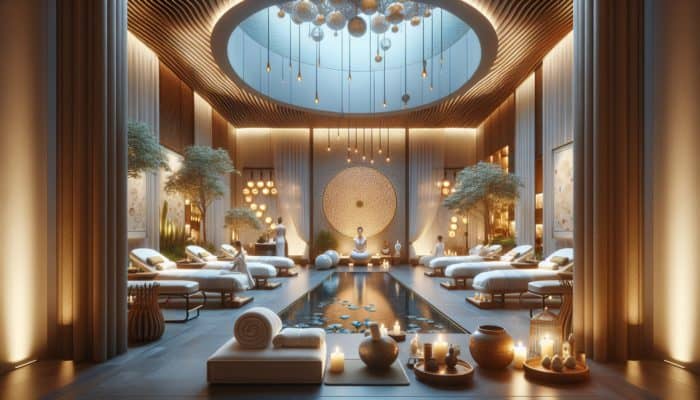 Serene spa scene at Awana Spa in Las Vegas with massage tables, soft lighting, and a meditation area where guests are relaxing.