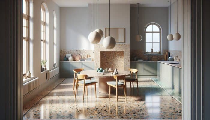 Diverse display of terrazzo flooring types showcasing traditional and modern eco-friendly styles in a UK home.