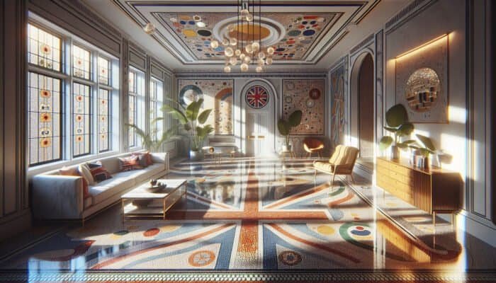 Gleaming terrazzo floors in a UK home, enhanced by wax, reflecting light and showcasing intricate patterns.