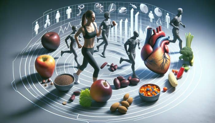 Infographic illustrating the impact of diet and exercise on cholesterol, showcasing the roles of fats, fibre, and physical activity.