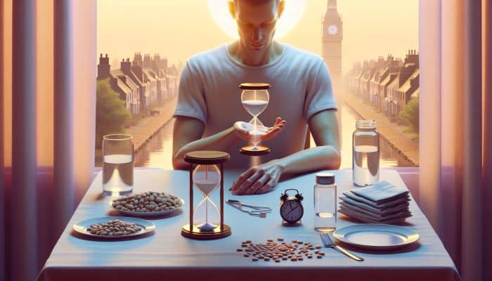 Individual in Cannock fasting 9-12 hours for cholesterol test, hydrating with water, morning scene featuring a clock and blood vial.