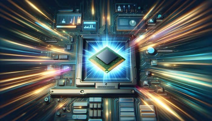 Futuristic interface displaying browser caching icons with a central glowing RAM chip and speeding data streams.