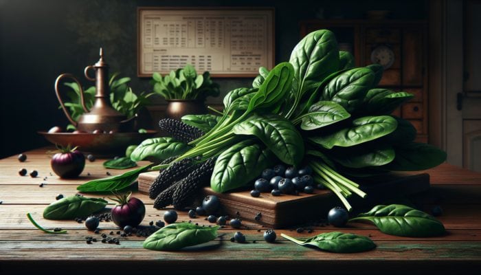 Vibrant spinach and dark leafy greens displayed in a rustic kitchen, emphasizing their iron content for vegetarian diets.