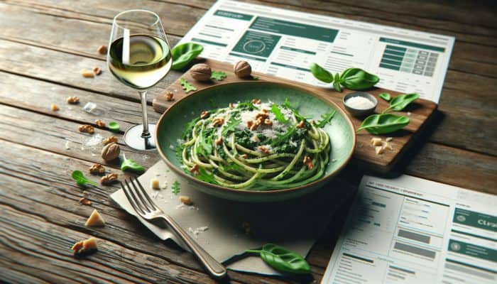 Al dente pasta topped with vibrant green arugula and spinach pesto, garnished with Parmesan cheese and nuts.