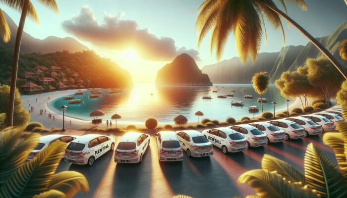 A tranquil Bali beach featuring rental cars, demonstrating the benefits of early booking during peak travel seasons.