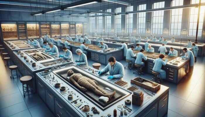 A visual of an ancient artifact being restored in a modern lab by conservators with advanced tools.