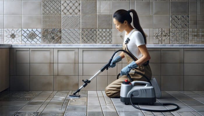 Professional cleaning grout with high-pressure steam, rinsing, and sealing in a modern bathroom with varied tiles.
