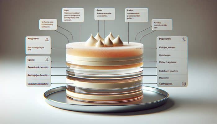 Layered dessert with stable foam layers made from gelatin, agar-agar, and lecithin, on a modern plate.