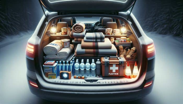 Car trunk with winter emergency kit: blankets, food, water, flashlight, flares, triangles, first-aid kit.