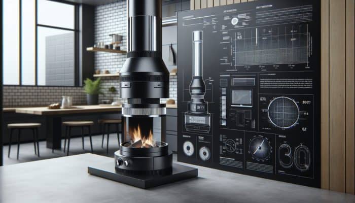 A modern chimney starter with quick-ignition and removable ash catcher, compactly stored in an outdoor kitchen.